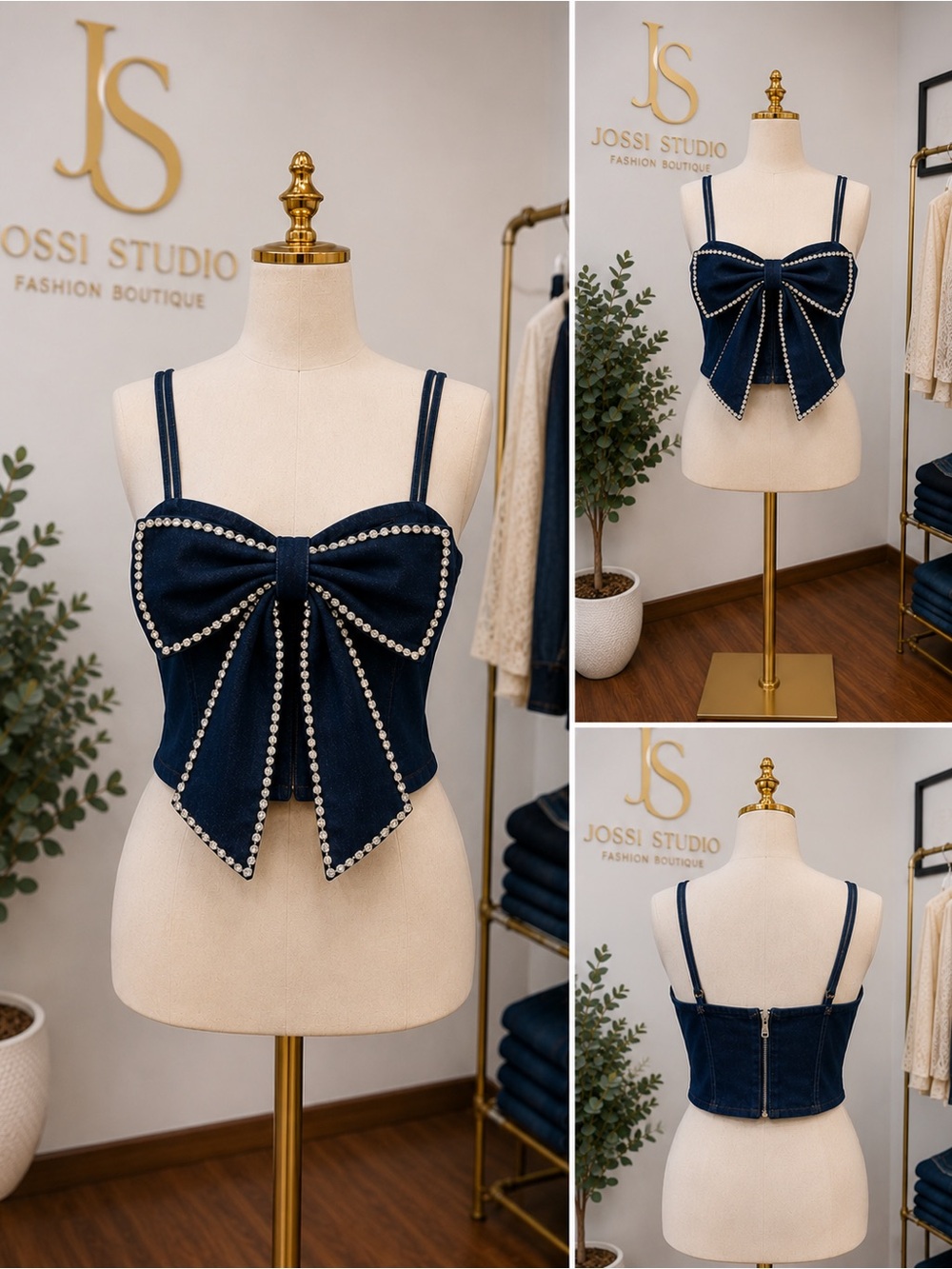 Women’s Denim Corset Crop Top with Rhinestone Bow